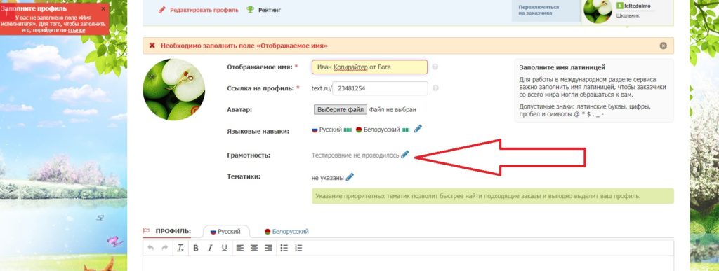 Заполняем контактные данные на бирже копирайтеров